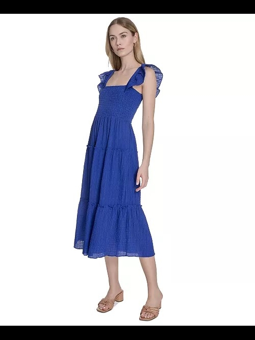Vince Camuto Cobalt Blue Smocked Tiered Midi Dress With Ruffle Straps